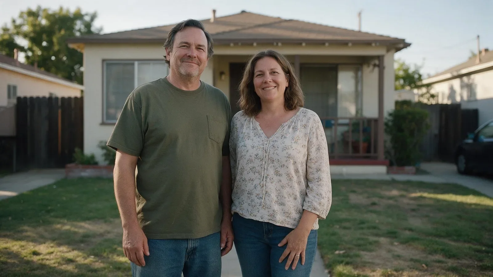 A middle-aged couple standing together in front of their modest single-story home