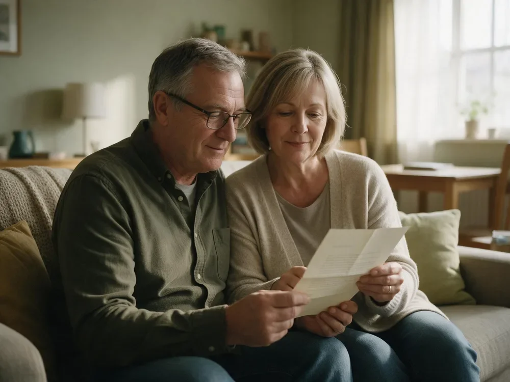 A veteran and his wife on the sofa reading a printed letter together