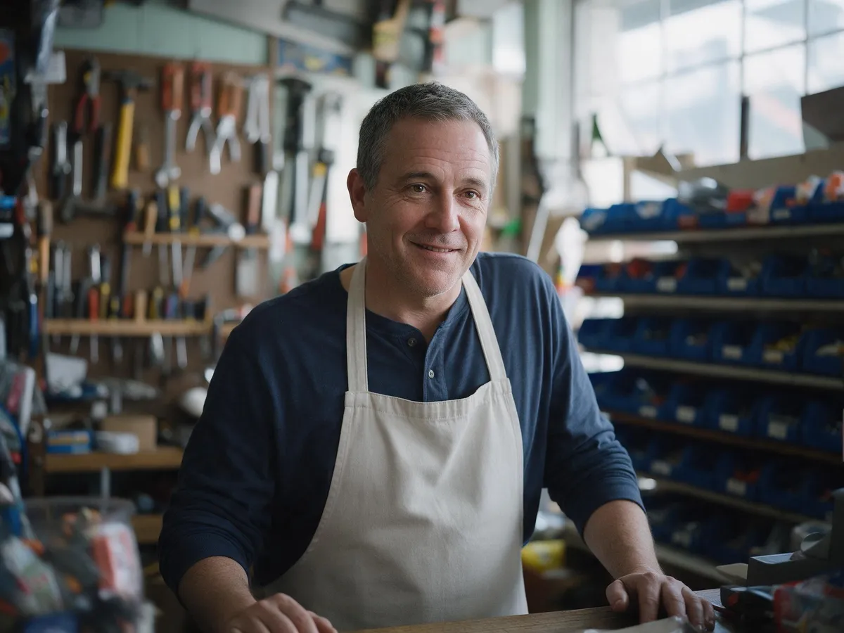 A man in a work apron behind the counter of his small hardware store